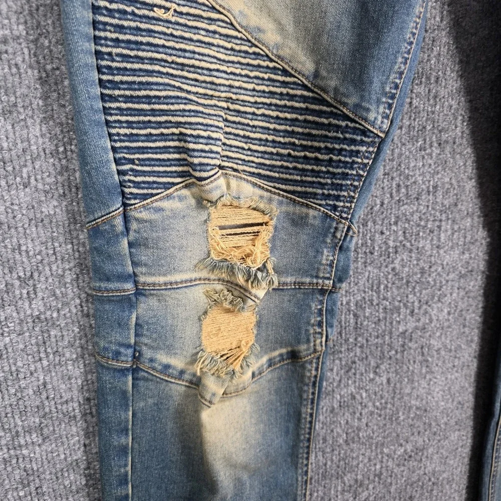 KDNK Denim Jeans Mens 34x32  Blue Moto Destroyed Distressed Ankle Zip 11 4 14 11